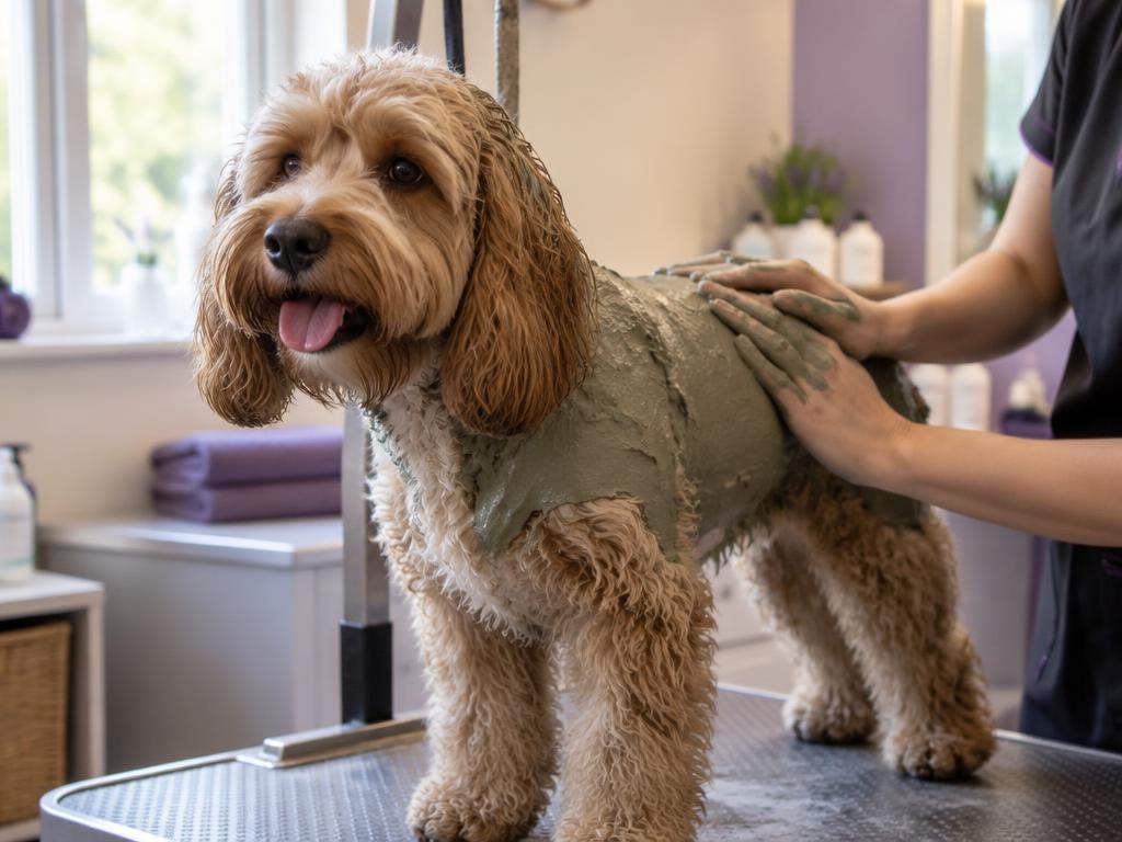 Cockapoo on a grooming table with a mud pack applied to its coat